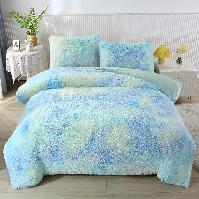 PERFEMET 3 Pcs Long Faux Fur Fluffy Full Comforter Sets Colorful Tie Dye Shaggy Furry Green Bedding Set for Girls Soft Plush Velvet Rainbow Bedding Quilt Set(Green, Full)