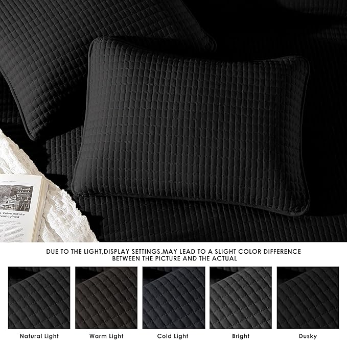 WRENSONGE King Size Quilt-3 Pieces Lightweight Black Bedspreads King Quilt Bedding Set for All Seasons, Soft Summer Coverlet with 2 Pillow Shams Suitable for Bed, Couch, Quilt Blanket
