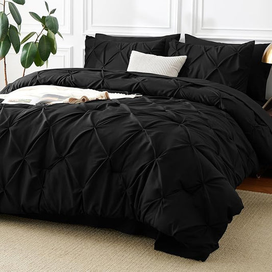 CozyLux California King Comforter Set Black - 7 Pieces Cal King Pintuck Bed in A Bag Gift for Family, Pinch Pleat Bedding Sets with All Season Comforter, Sheets, Pillowcases & Shams