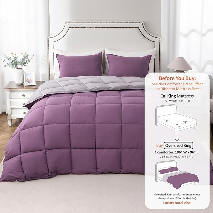 KASENTEX California King Comforter Set – Reversible Dual Color – Goose Down Alternative – Ultra-Soft, Lightweight, Machine Washable, Maintain Fluffiness, All Season Warmth (Grape Jam/Gull)