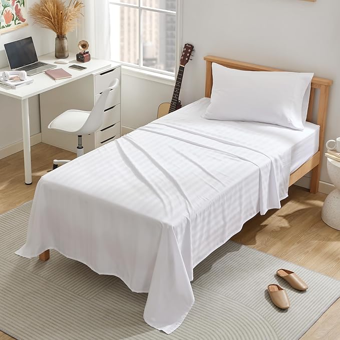 SLEEP ZONE Striped Cooling Twin Sheets Set for Kids - Fitted Flat Sheet & Pillowcase Sets 3 Piece - Super Soft Stripe Bed Sheet, Easy Care, Deep Pocket (White, Twin)