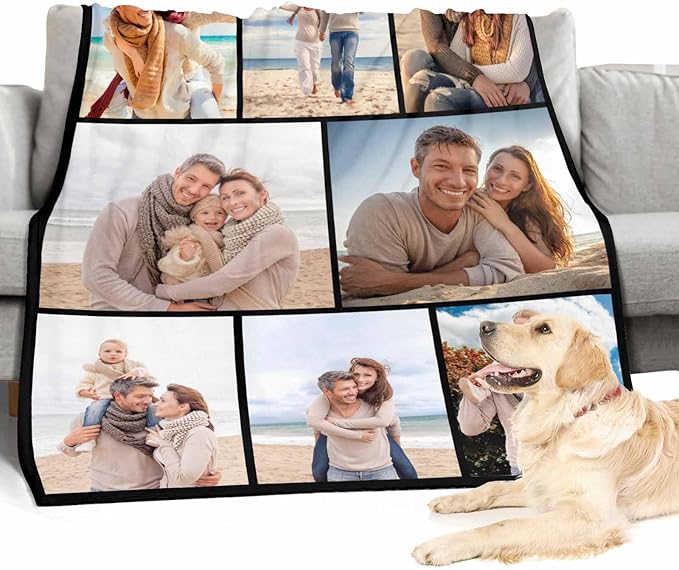 Custom Blanket with Picture, 8 Photos Customizable Blanket Personalized Blankets Family Memory Gift for Dad Mom Grandpa Grandma