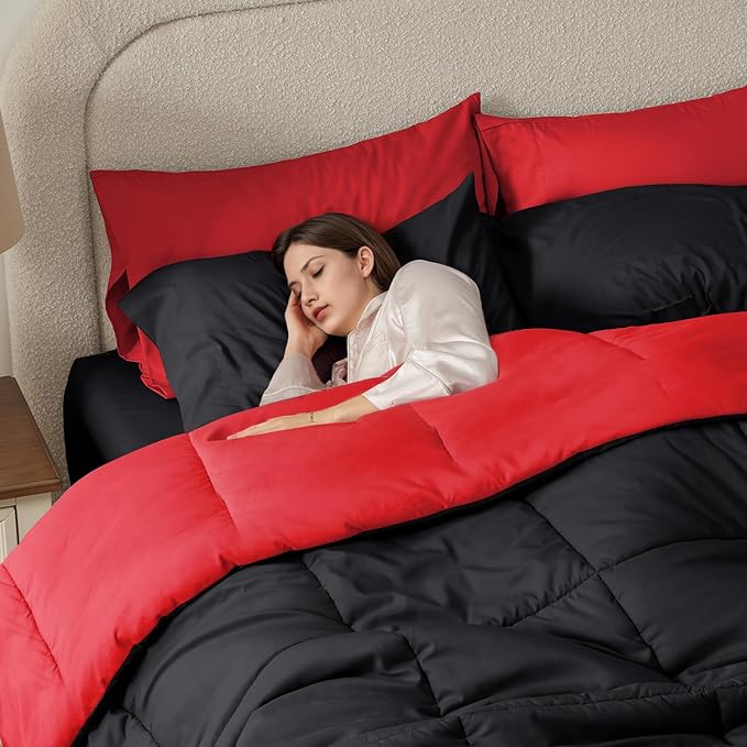 Anluoer California King Size Comforter Set 7 Pieces,Black Cal King Bed in a Bag with Comforter and Sheets,All Season Bedding Sets with Comforter,Pillow Shams,Pillowcases,Flat Sheet,Fitted Sheet