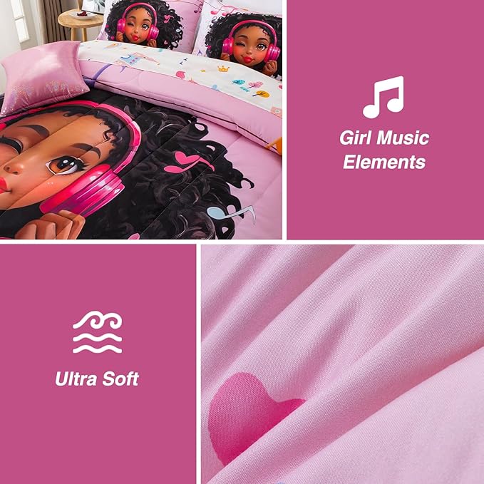 A Nice Night Pink Comforter Sets, Girl Winking Listening Music Printed, 6Pcs Bed in A Bag Twin Size All Seasons Bedding Set,for Kids, Girls