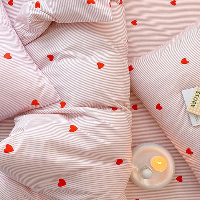 Nayoroom Full Size Cute Red Heart Pink Striped Duvet Cover Set with Zipper Closure Soft Breathable Microfiber 3Pcs Kids Girls Kawaii Heart-Shaped Comforter Cover