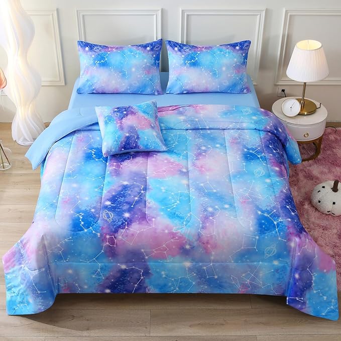 JQinHome Queen Gradient Galaxy Comforter Set for Girls,6 Piece Bed in A Bag 3D Colorful Tie Dye Constellation Print Ombre Bedding Set with Sheets(Blue)