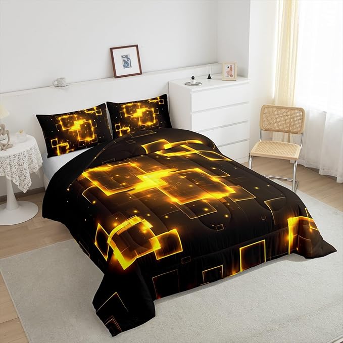 Feelyou Kids Golden Black Geometrics Bedding Set Twin Size, Light Honeycomb Comforter Set Geometrics Comforter for Boys Girls Abstract Duvet Insert Microfiber Bed Set