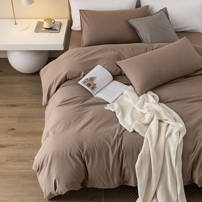 JIYUAN 100% Washed Cotton Duvet Cover Set 3 Pieces Queen, 1 Duvet Cover 90x90 Inches(Comforter Not Included) and 2 Pillowcases,Linen Feel Bedding Set Comfy and Breathable,Light Brown