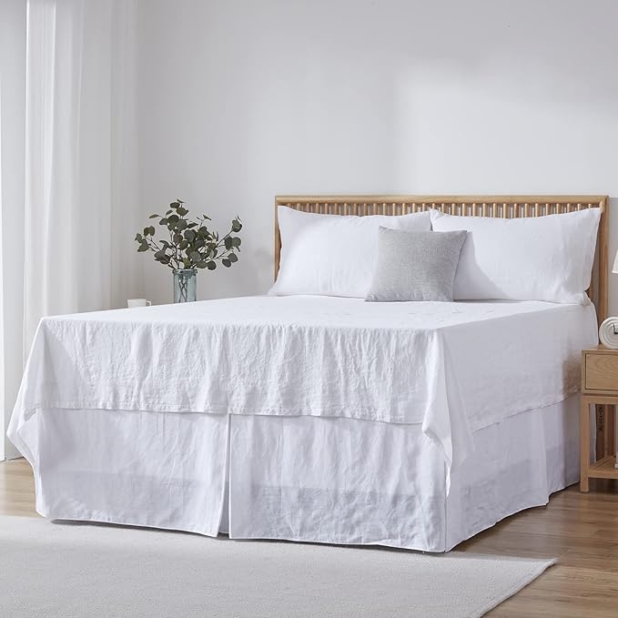 Simple&Opulence Belgian Linen Bed Skirt with Classic 22 inch Tailored Drop Dust Ruffle, Easy Fit Breathable Premium Natural Flax - Basic White, Queen