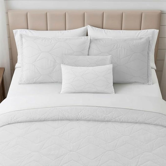 Hearth & Harbor Twin Quilt Set – All-Season Lightweight Bedspread & Coverlet with Pinsonic Weave - 5 Piece King Quilt Set with Pillow Shams, White - Twin Ellipse