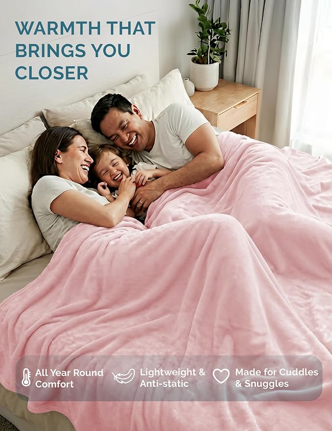 Casa Platino Fleece Blanket Queen Size – 300 GSM Pink Fleece Throw for Bed or Couch – Soft Cozy Warm Holiday Bed Blanket for Winter, Fuzzy Plush Elegant Gifts for Men & Women - 90x90 Inch