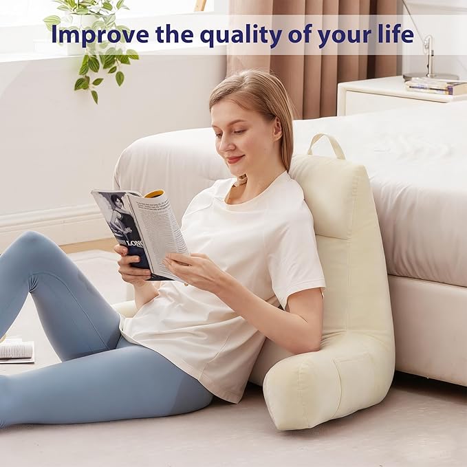 Back Pillow for Bed Sitting up, Reading Pillow for Sitting in Bed Adult, Back Support Pillow, Memory Foam Sit up Lounge Backrest Pillow with Arms for TV, Couch, Chair, Dorm, 24 Inch, Beige