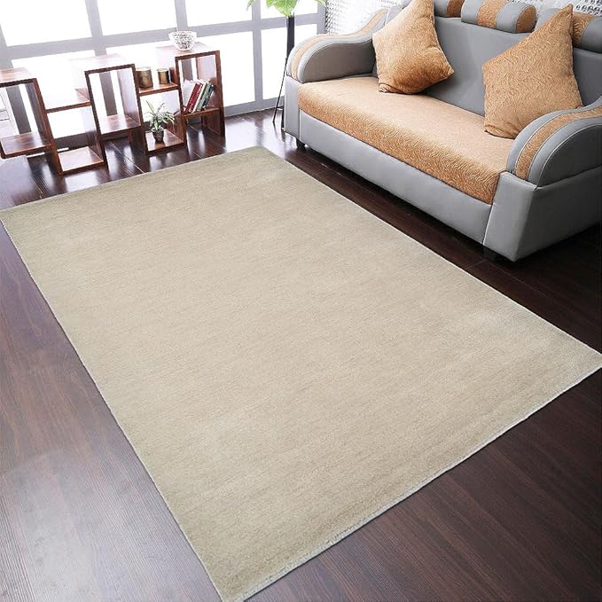 Hand Knotted Loom Wool ECO-Friendly Area Rugs - 5'x8', Rectangle, Beige Color, Solid Plain Design, High Pile Handmade Anti Skid Area Rugs for Living Room, Bed Room (L00111)