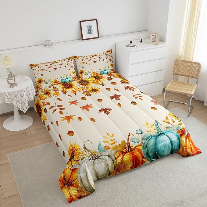 Fall Pumpkin Bedding Set For Home Full Thanksgiving Harvest Season Fruit Decor Comforter Set Autumn Fall Maple Leaf Quilt Comforter for Kids Teen Adults,Rustic Farm Sunflower Bed Sets 2 Pillow Cases