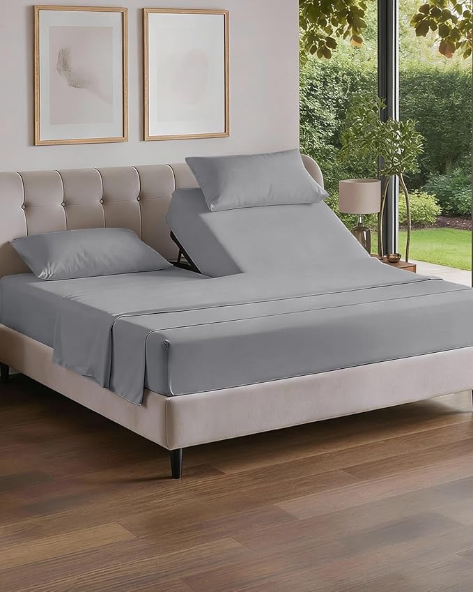 Split Head King Sheet Set – 4 Piece Flex Split Top King Sheets for Adjustable Beds - Fits 14” to 16" Mattress w/ Deep Pockets - Soft, Breathable & Cooling - Luxury Bedding & Wrinkle Free - Steel Blue