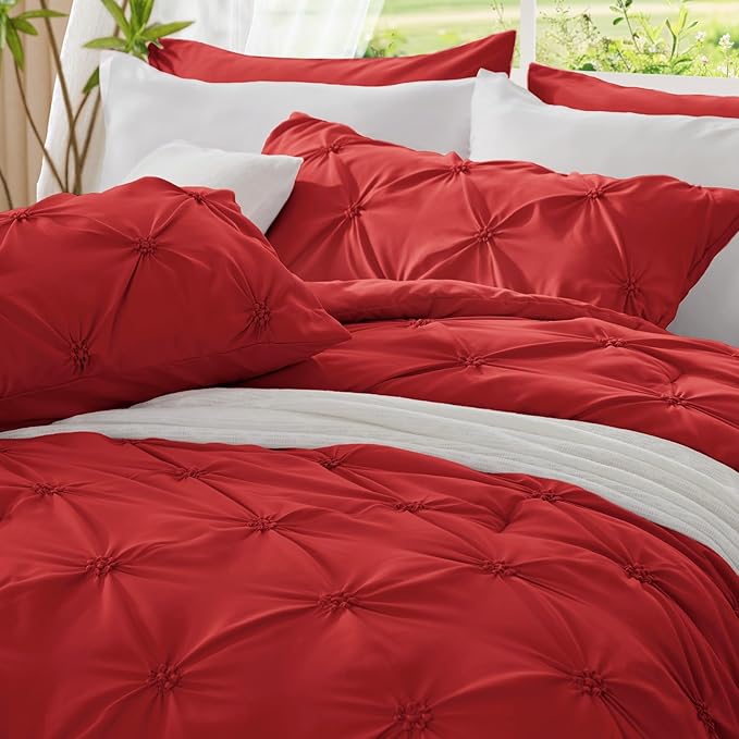 BEDELITE Red Twin Comforter Set - 2 Peices Boho Pintuck Bedding Comforter Sets, Lightweight Soft & Warm Twin Bedding Sets with 1 Pillowcase for All Season