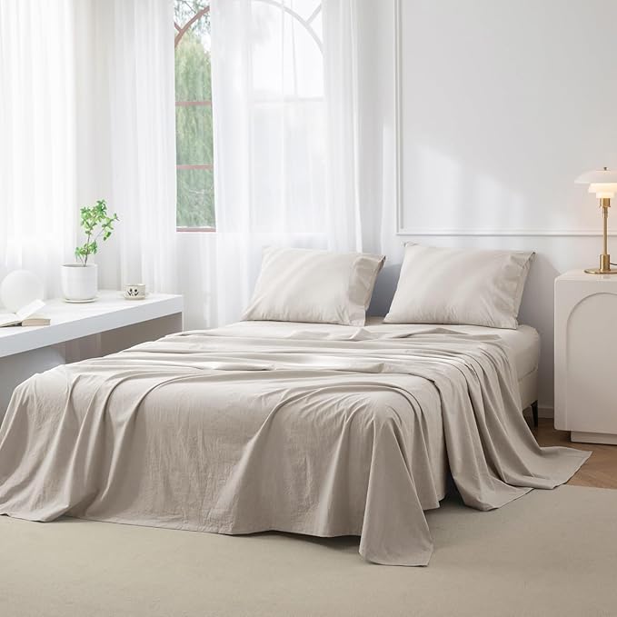 JIYUAN 100% Washed Cotton Sheet Set 4 Pieces Full,1 Fitted Sheet,1 Flat Sheet and 2 Pillowcases,Comfy and Breathable Linen Like Bedding Set,Heathered Cream Grey