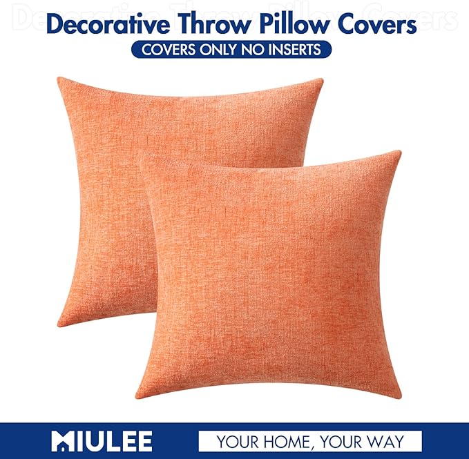 MIULEE Pack of 2 Couch Throw Pillow Covers 16x16 Inch Soft Coral Red Chenille Pillow Covers for Sofa Living Room Spring Home Decor Couch Solid Dyed Cases