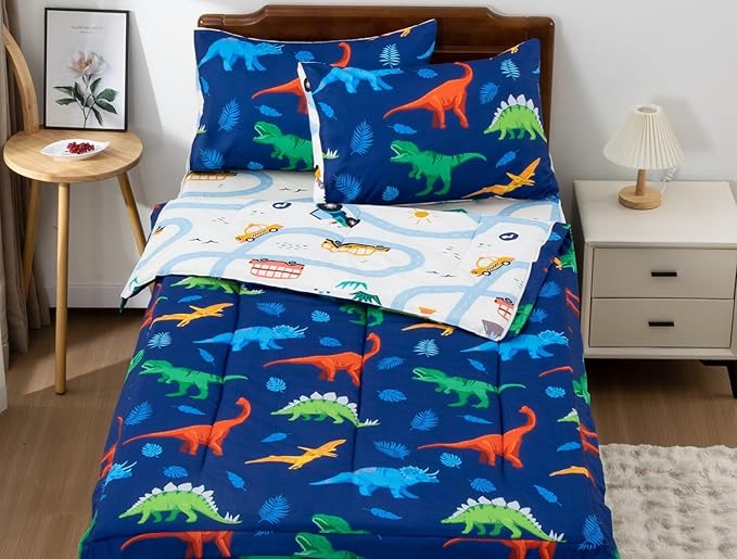 Meeting Story 3pcs Kids Comforter Sets Zipper Bedding Set for Boys,Full Kid Bedding Set Dinosaurs Comforter Leaves Bedding for Kid,All in one Zipper Bedding（Dark Blue,Full）
