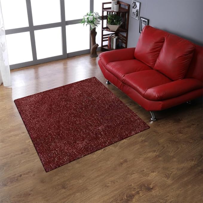 Hand Tufted SHAG Polyester ECO-Friendly Area Rugs - 8'x8', Square, Red White, Solid Plain Design, High Pile Thick Handmade Anti Skid Area Rugs for Living Room, Bed Room K00111