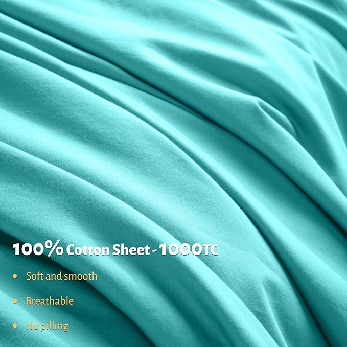 Shilucheng 100% Egyptian Cotton Queen Size Sheets Set - 1000 Thread Count，Luxury Cotton Bed Sheets，Breathable & Cooling Bedding and Pillow Cases, 16 Inch Deep Pocket - 4 Piece (Seafoam, Queen)