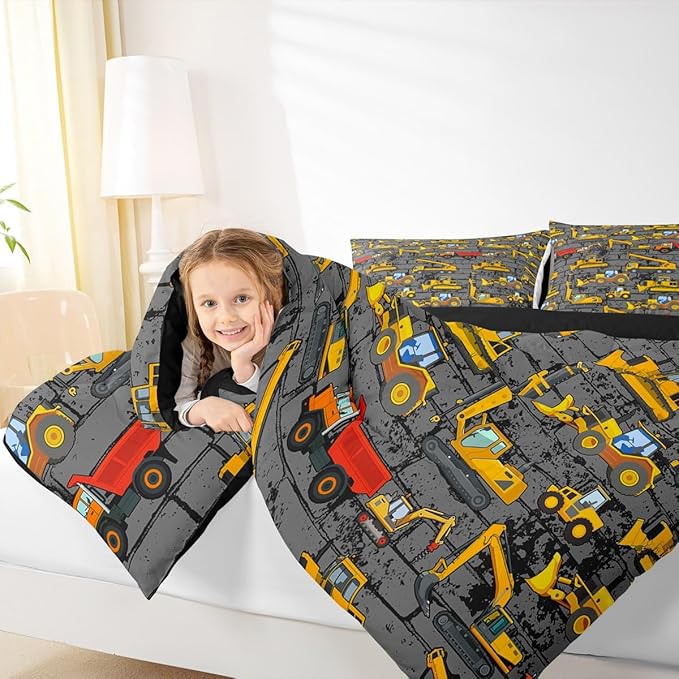 Kids Tractor Bedding Sets For Boys Toddler Twin,Under Construction Trucks Bedding Comforter Set,Equipment Excavator Bedding Cartoon Vehicle Cars Bed Set For Child Room Decor Yellow Dark Grey 2 Pcs