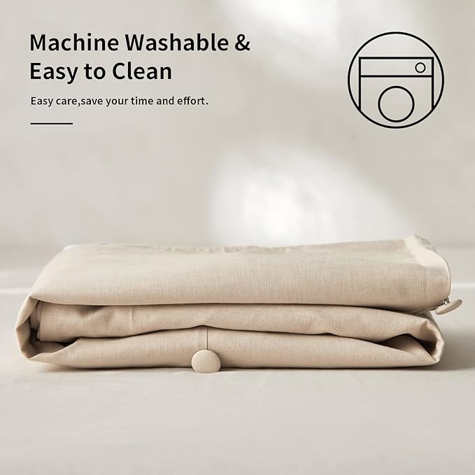 BISELINA French Linen Bed Skirt Split Corner with Button 18-Inch Tailored Drop Natural Flax Cotton Blend Basic Dust Ruffle Soft Cozy (18" Queen,Button Linen)