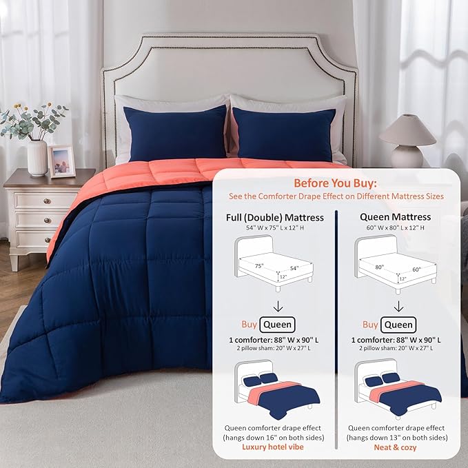 KASENTEX Queen Comforter Set – Reversible Dual Color – Goose Down Alternative – Ultra-Soft, Lightweight, Machine Washable, Maintain Fluffiness, All Season Warmth (Navy/Coral)