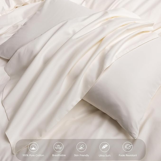 MooMee Queen Duvet Cover Set, 100% Extra Long Staple Cotton 600 Thread Count Sateen Silky Soft Breathable Durable Luxury Hotel Quality Bedding Set, 3 Pieces (Creamy White, Queen 90"x90")