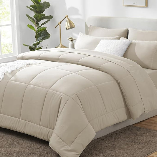 CozyLux California King Comforter Sets Oatmeal, 7 Pieces Cal King Bed in a Bag, All Season Bedding Sets with Stitch Quilted Comforter, Flat Sheet, Fitted Sheet, Pillowcases