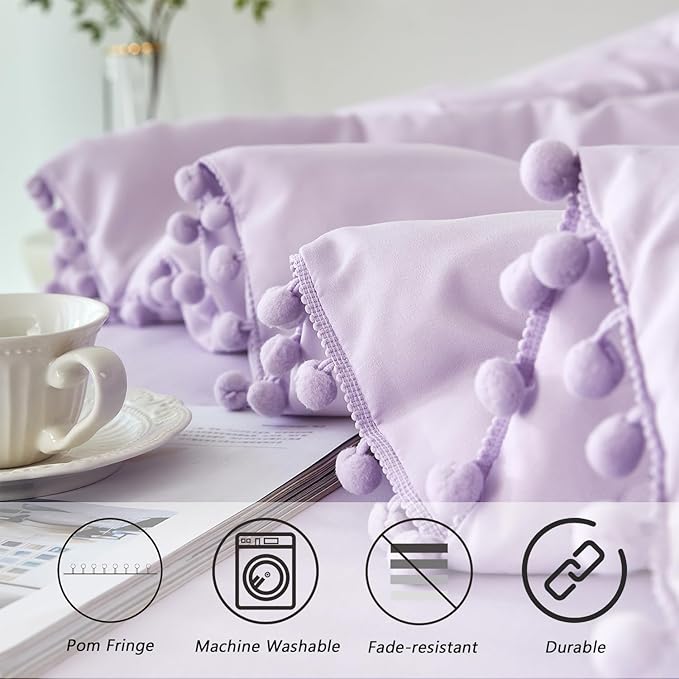 PERFEMET 5 Pieces Lavender Purple Comforter Set Twin Aesthetic Boho Solid Bed Comforter Sheet Set with Pompoms Soft Microfiber Light Purple Bed in A Bag for Girls Kids(Lavender, Twin)