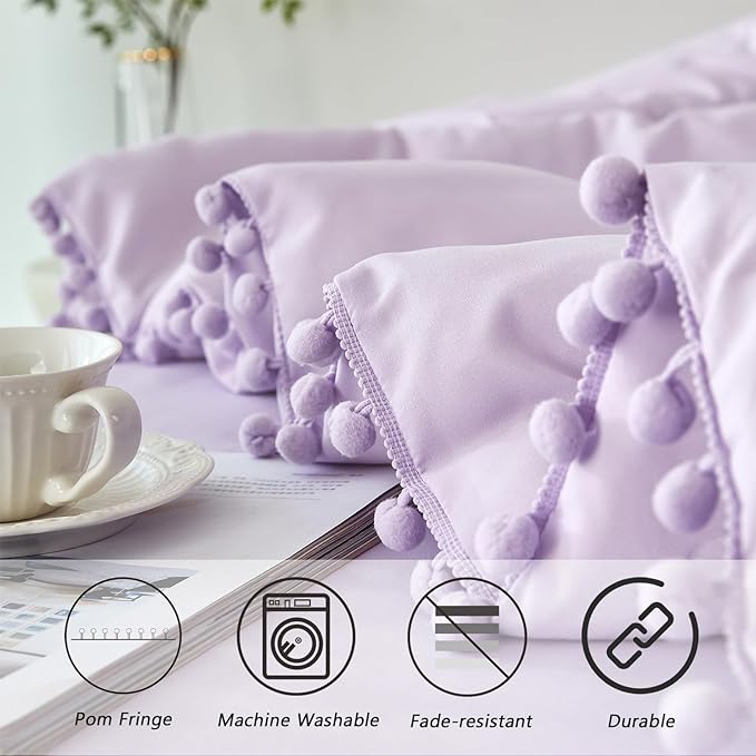 PERFEMET 5 Pcs Girls Lavender Comforter Sets Full Boho Pom Pom Fringe Bedding Comforter with Sheet Set Soft Cute Purple Girls Bed in A Bag for All Season(Lavender, Full)