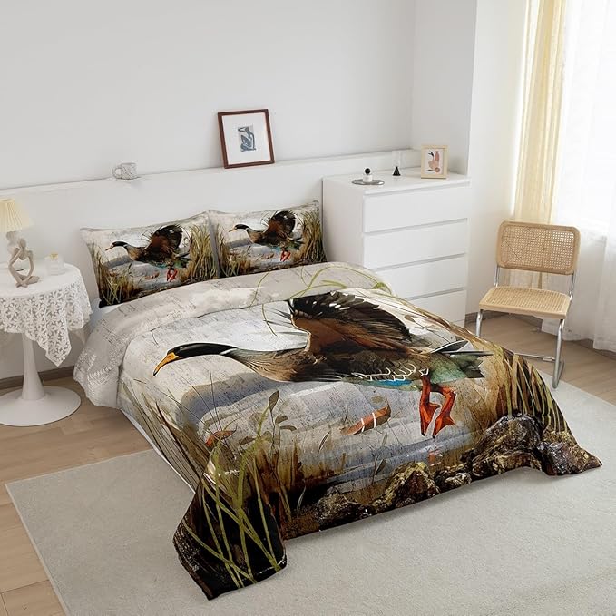 Feelyou Mallard Duck Bedding Set Boys Girls Wild Duck Hunting Comforter Set for Kids Women Men Soft Lodge Cabin Farmhouse Comforter Quilt Room Decor King Size Duvet Set Boys