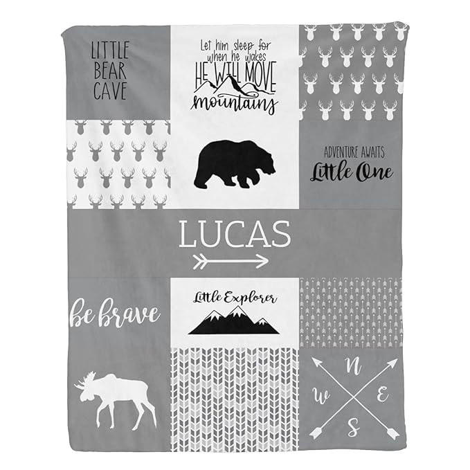 Personalized Baby Blanket for Boys, 35x45 Inches Soft Double Layer Baby Blankets with Dotted Backing, Receiving Blanket Bed Throws for Newborn, Infant, Babies, Bear, Frost Gray