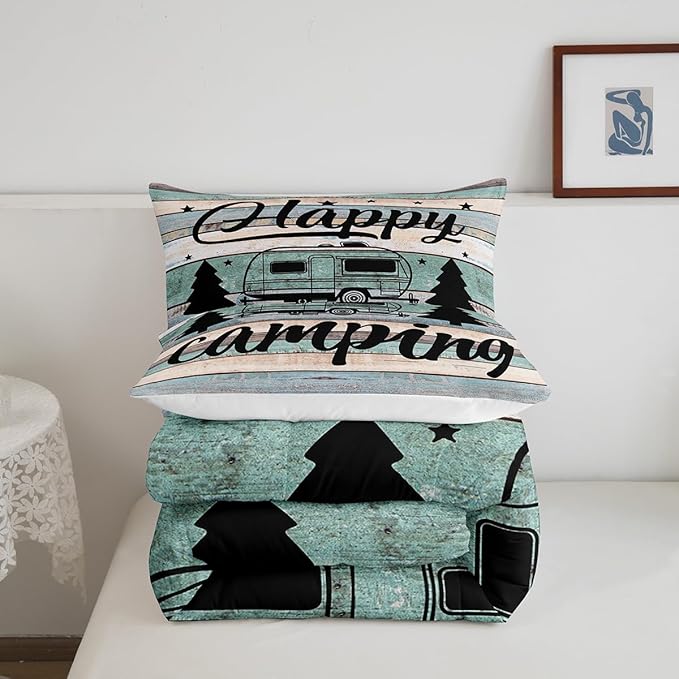 Camper Comforter Twin Size Happy Camping Bedding for Boys Kids Girls Rustic Farmhouse Style Comforter Set, Camper Accessories for Travel Trailers, Camper Must Haves,Teal Blue Vintage Wooden Quilt Set
