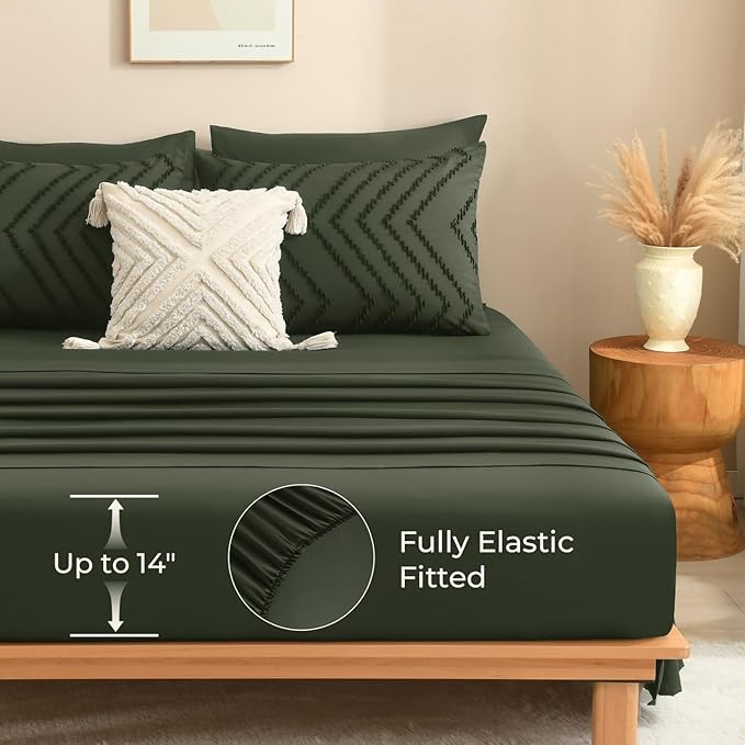Litanika King Size Comforter Set with Sheets Dark Olive Green - 7 Pieces Bed in a Bag King Chevron Tufted Complete Bedding Sets with Comforter, Sheets, Pillowcases & Shams