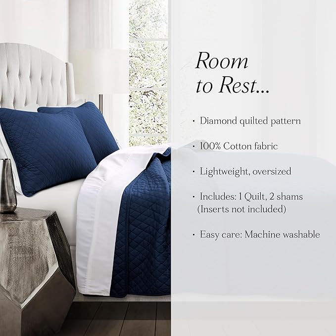 Lush Decor Ava Quilt Diamond Pattern Solid 3 Piece Oversized Bedding Blanket Bedspread Set - Full/Queen - Navy