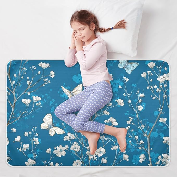Waterproof Bed Pad Reusable Changing Pad Toddler Mattress Protector Large Pee Pad Baby Diaper Pad Soft Washable Liner Deep Blue Floral Butterfly