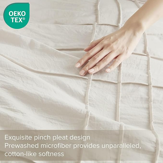 Comfort Spaces Neutral Cal King Size Duvet Cover Set - 3-pc Pintuck Pleated Duvet Cover, All Season Lightweight, Extra Softness Pre-Washed Microfiber Cal King Bed Cover Shams, Cal King