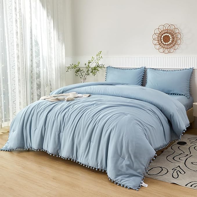 PERFEMET Full Pom Pom Comforter 5 Pieces Aesthetic Grayish Blue Pom Bed in A Bag Soft Fluffy Blue Solid Bedding Sheets and Comforter for Boys Kids(Grayish Blue, Full)