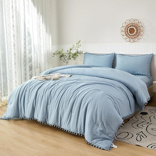 PERFEMET Full Pom Pom Comforter 5 Pieces Aesthetic Grayish Blue Pom Bed in A Bag Soft Fluffy Blue Solid Bedding Sheets and Comforter for Boys Kids(Grayish Blue, Full)