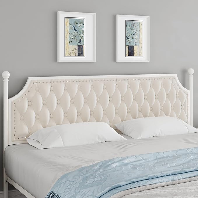 Keyluv Full Upholstered Canopy Bed Frame with 2 Drawers and Button Tufted Headboard, Metal Platform Bed with 4 Removable Posts, Two-Purpose Velvet Bed No Box Spring Needed, Beige/Curtains Not Included