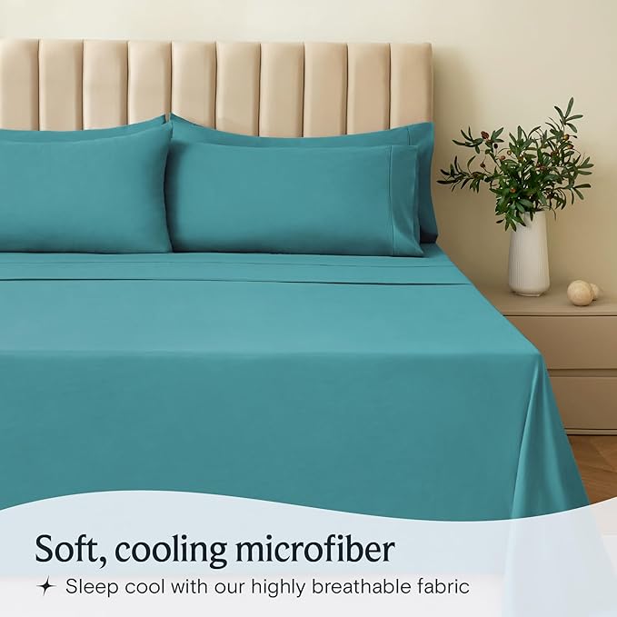 LuxClub 4 PC Full Sheet Set, Breathable Luxury Bed Sheets, Deep Pockets 18" Wrinkle Free Cooling Bed Sheets Machine Washable Hotel Bedding Silky Soft - Teal Full