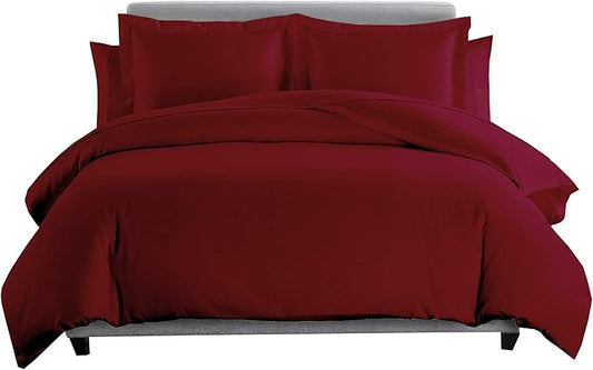 8 Pieces 100% Cotton Solid Burgundy King Goose Down Bed in a Bag Set Including 600TC Sheet Set + 600TC Duvet Cover Set+ All Season Striped Goose Down Comforter 600 Fill Power