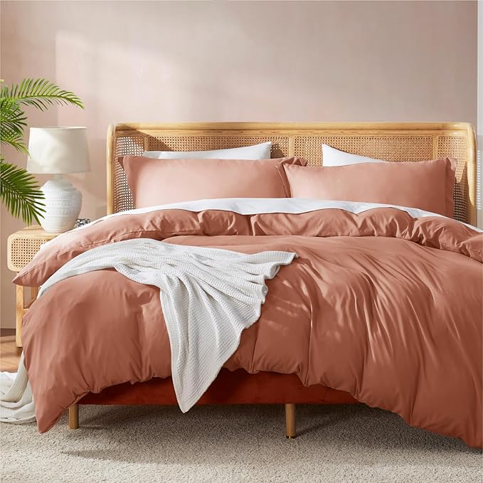 Nestl Queen Duvet Cover Set with Comforter Insert - Rust 4 Piece 90x90 Duvet Cover & 2 Pillow Shams with White Quilted Down Alternative Comforter, Ultra Soft, All Season