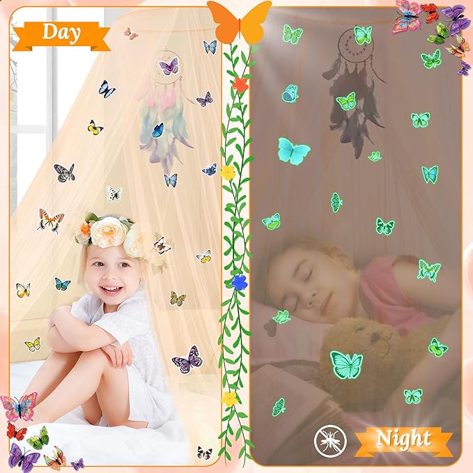 South to East Bed Canopy for Girls with Glowing Butterfly in The Dark, Beige Princess Bed Curtains for Girls, Kids Bed & Toddler Bed, Twin, Full & Queen, Mosquito Net Canopy for Bedroom