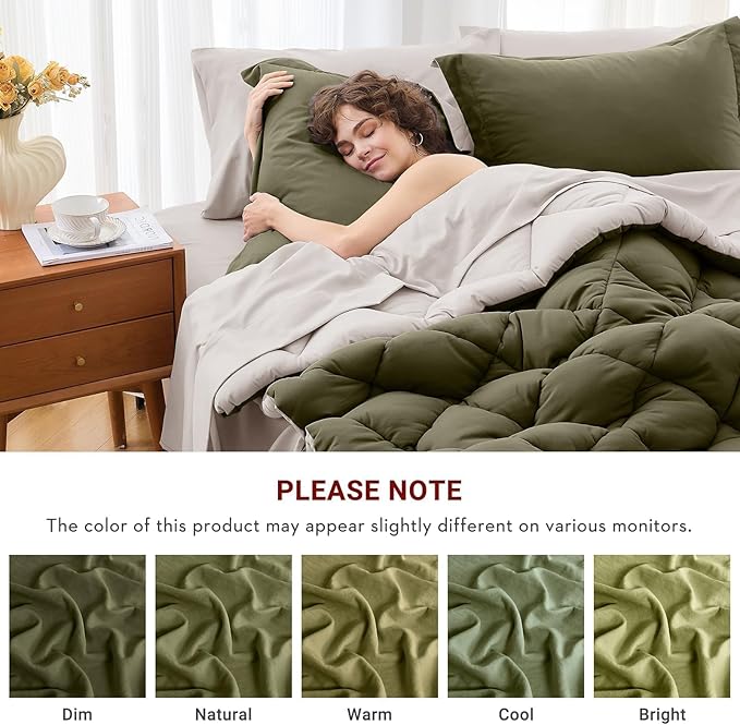 MUXHOMO 7 Pieces King Comforter Set, Reversible Bed in a Bag King Size, All Season Bedding Set with Comforter, Flat Sheet, Fitted Sheet, Pillowcases & Shams, Olive Green & Beige