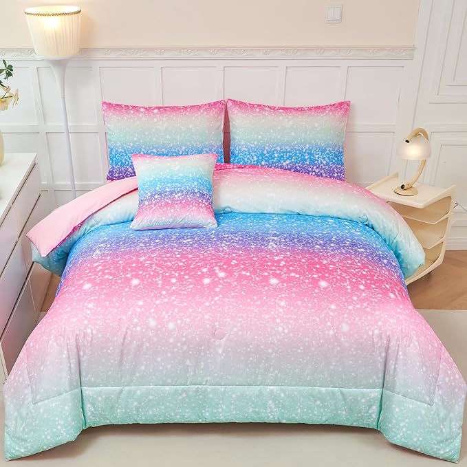 PERFEMET Blue Green Twin Comforter Set for Girls, 6 Pcs Colorful Rainbow Kids Bedding Sets, Tie Dye Ombre Twin Comforter Set with Sheets, Gradient Glitter Bed Sets for Bedroom Decoration
