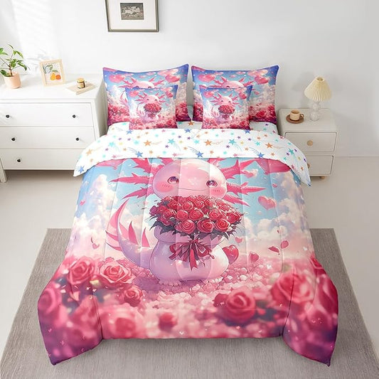 Feelyou Kids Cute Axolotl Comforter Set with Sheets King Size, Cartoon Animal 7 Pieces Bedding Set Boys Girls Kawaii Ocean Sealife Bed in A Bag Rose Teens Bed Set Bedroom Decor 7Pcs