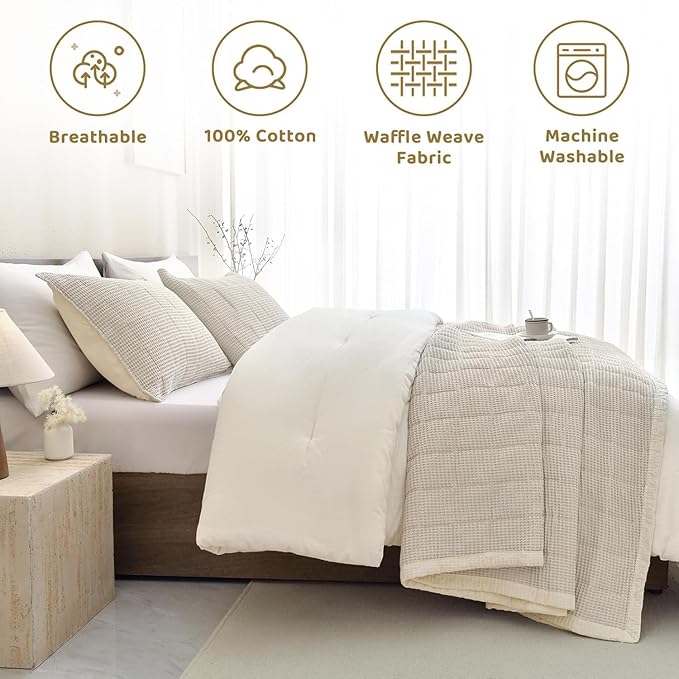 Sanracie100% Cotton Queen Size Quilt Bedspread (90"x98"), Wheat Colored Waffle Weave Quilt Sets 3Pcs Luxury Aesthetic Bedding Set Soft Lightweight Farmhouse Coverlet Set for All Seasons